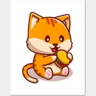 Cute Cat Eating Burger Posters and Art